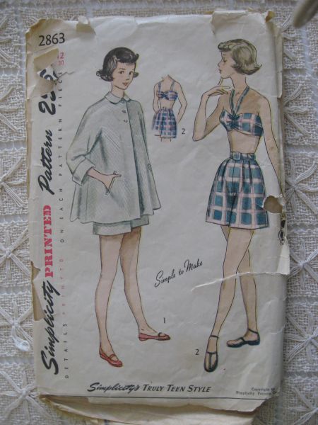 Vintage late 40's Simplicity 2863 Teen Age Three Piece Bathing Suit Ensemble - Bra, Shorts and Beach